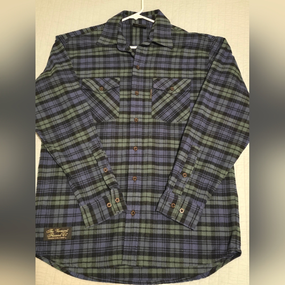 The Vermont Flannel Co Shirt Mens L Blue Green Plaid Button Down Long Sleeve
